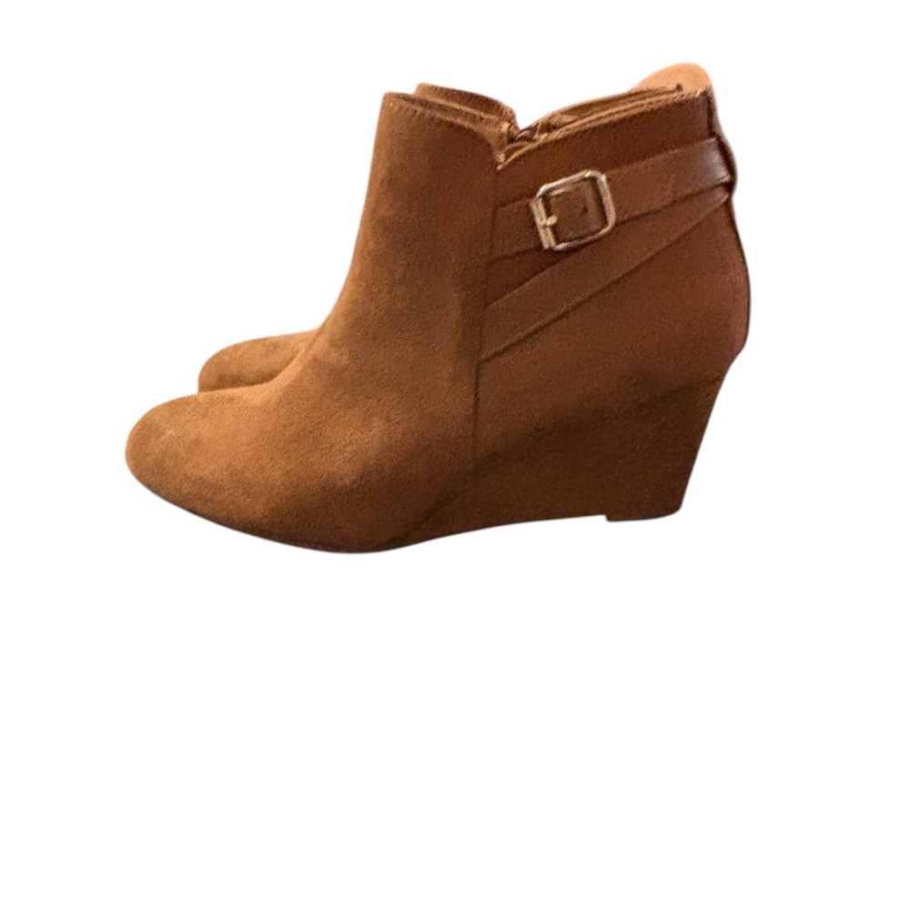 Women's Tan Suede Wedge Ankle Boots with Buckle